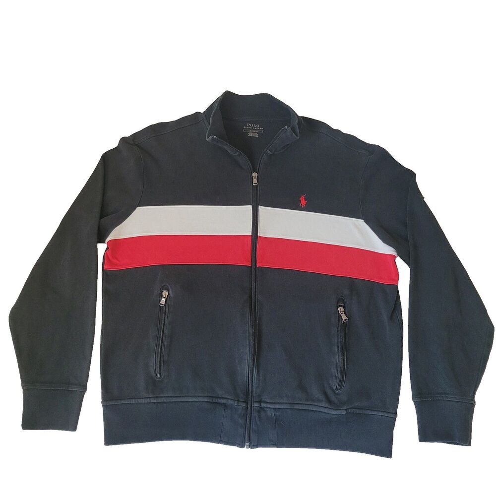 Polo Ralph Lauren Track Jacket Mens Large Navy Red White Full Zip Sweater